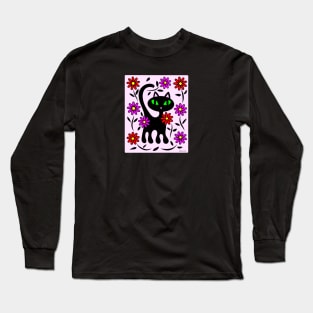 Black Kitty Cat in Flower Garden Long Sleeve T-Shirt